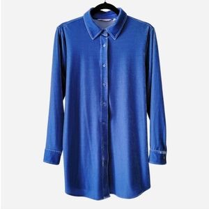 Soft Surroundings Blue Velour Velvet Button Down Shirt Size Small Blouse Top
